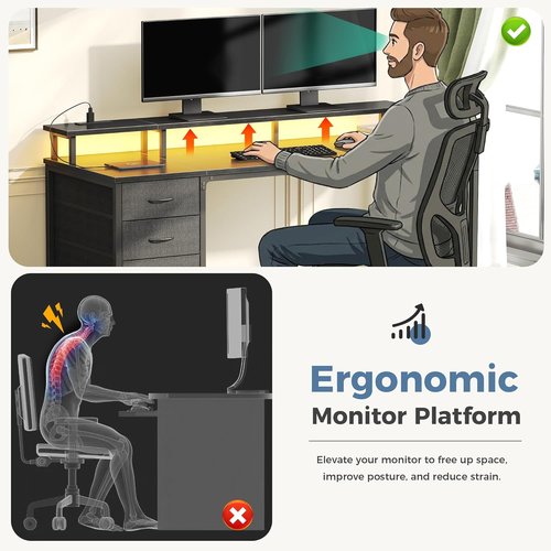 DUMOS Computer Desk - 4 Drawer Gaming Desk with Power Outlets & LED Lights | 45 Inch Black for Home Office & Small Spaces