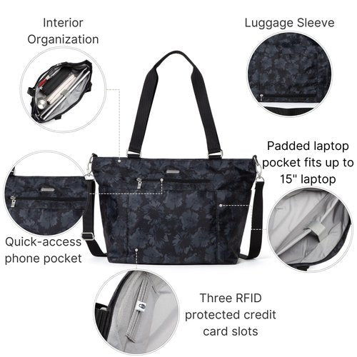 Baggallini Essential Laptop Tote - Work Tote Bag with Laptop Sleeve - Lightweight Travel Crossbody Shoulder Bag for Women, Midnight Garden