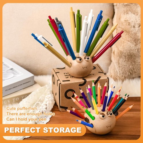 Damuzhi Pen Holder For Desk Pencil Holder Wooden Pufferfish- Funny Small Gifts For Kids, Unique Christmas Gifts For White Elephant Gift Steacher Gifts