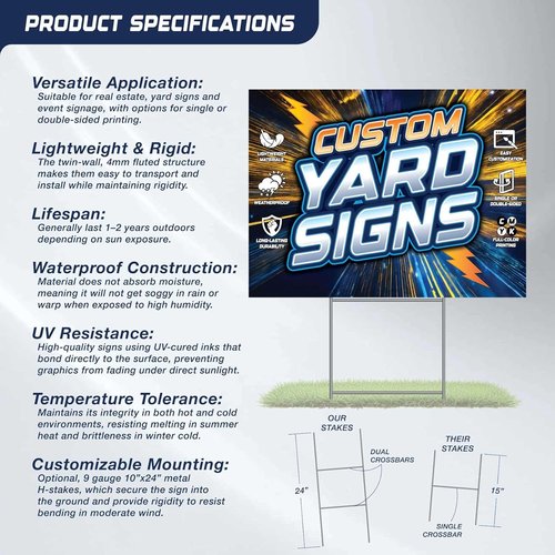 SignsDirect Custom 24x18 Yard Signs - UV Ink Printed, Waterproof, Full Color | 6-Pack with Optional H-Frame Stakes
