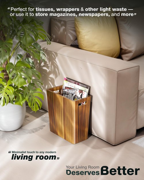 BLUEWEST 2.6 Gallons Wooden Wastebaskets – Solid Acacia Wood Trash Can with Handles, Rectangular Bin for Bathroom, Bedroom, Kitchen, Office – Brown Decorative Basket for Living Room or Under Counter