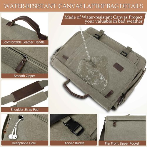 17.3 Inch Messenger Bag for Men: 2PCS Laptop Work PU Leather Canvas Briefcase Carry On Large Computer for Office College Travel (Green)