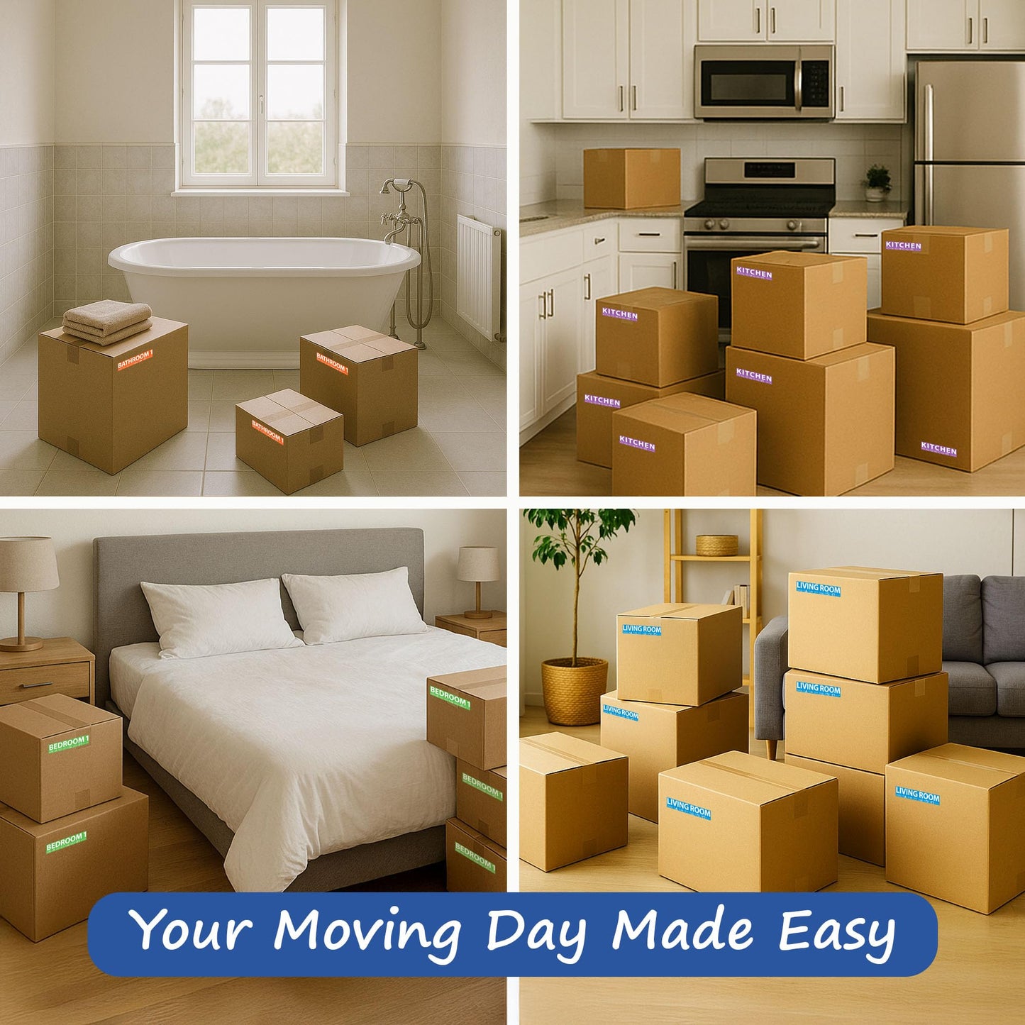 600 Home Moving Labels for 3 Bedroom House — 12 Color-Coded Room Labels (50 Each) + Fragile Stickers for Moving Boxes, Supplies, Wardrobe Boxes, Apartment Moves