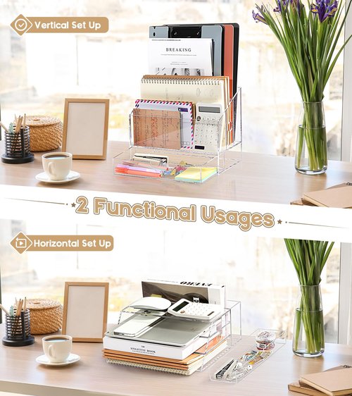 HOMEBROS Acrylic Desk Organizer, Clear Countertop File Organizer with Drawer, Office Mail Document Paper Sorter, 3 Compartments, Smalll