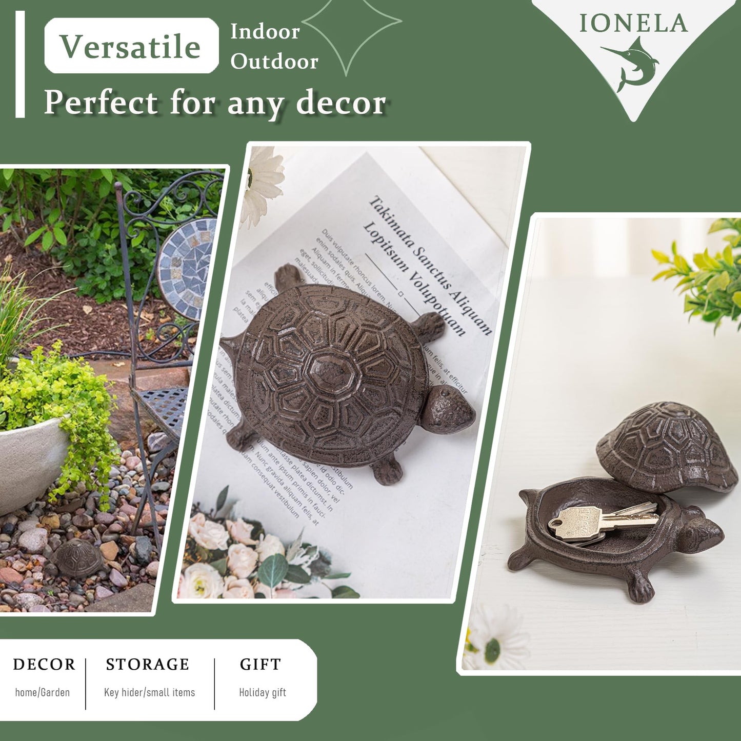 Ionela Spare Key Hiders Outside Cast Iron Turtle Hidden Key Holder for Outdoor Hide A Key, Brown