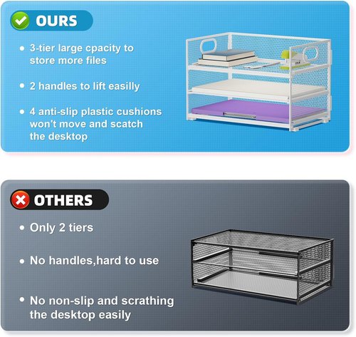 Marbrasse 3-Tier Paper Organizer | Mesh File Tray with Handle for Home Office - Pink, 2-Pack
