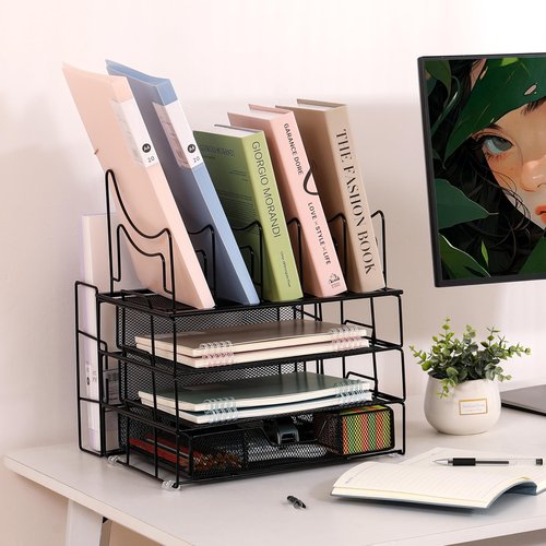 VANZAVANZU 5-Tier Desk Paper Letter Tray Organizer with 5 File Sorter Holders Large Desk File Organizer with Sliding Drawer Office Desktop Organizer, Variety of Stacking Style - Dark Black
