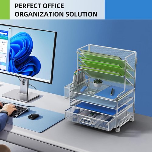 MINDEPOT 4-Tier Paper Organizer - Desktop File Holder with Drawer & Pen Holders | Silver Finish for Office & Classroom