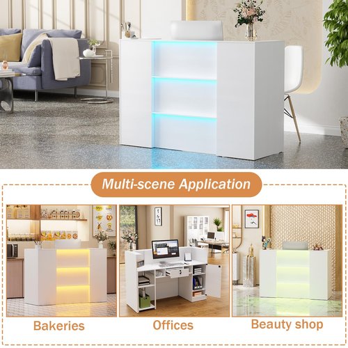 PAKASEPT Modern Reception Desk with LED Lights, 63 Inches Front Counter Table with Lockable Drawer & Shelves, Checkout Counter for Reception Room, Lobby, Beauty Salon, Retail,Office