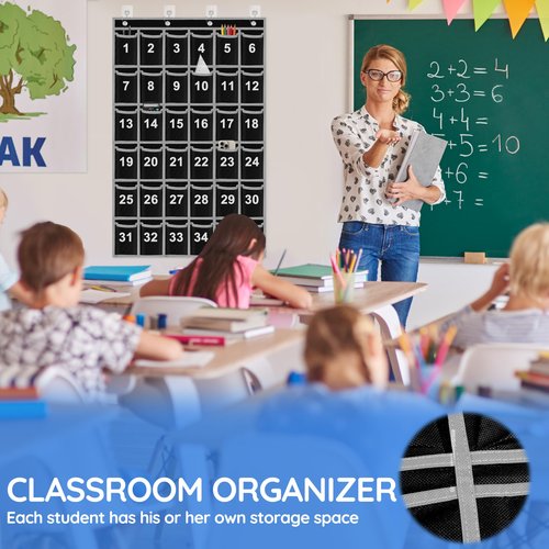 ZKOO Numbered Classroom Sundries Closet Pocket Chart, Cell Phones Calculator Holder, Wall Door Hanging Organizer With 4 Door Hooks (36 Pockets Black Grey)