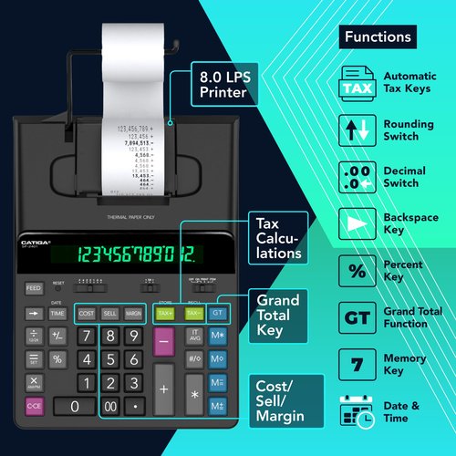 CATIGA 12 Digit Thermal Printing Calculator with Tape Print Out, Ink-Free Adding Machine, 5X Faster Quite at 8.0 LPS, Extra Large Fluorescent Display, Tax Calculation with Clock and Calendar, SP-2401