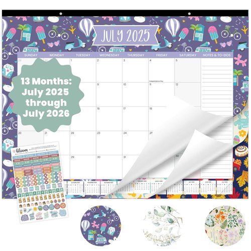 bloom daily planners Desk Calendar 2025-2026 - Academic Year Large Wall Calendar (July 2025 - July 2026) - 21” x 16” Desktop & Hanging Monthly Planner with Stickers for Home or Office - Holiday Icons
