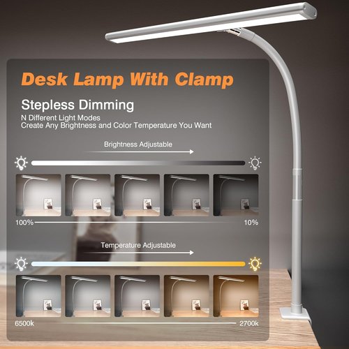 Airlonv LED Desk Lamp - Eye-Caring Adjustable Gooseneck Light with Stepless Dimming | 10W USB Clamp Lamp (White)