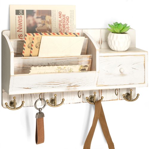 Rebee Vision Key Holder Wall Mount with Mail Sorter - Farmhouse Mail and Key Organizer for Wall with Small Drawer Organizer - Ideal Farmhouse Home Decor Solution (Whitewash)