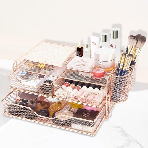ECOLOVI Computer Monitor Stand for Desk, Desk Organizer and Accessories with 3 Drawers and 2 Pen Holders, Rose Gold Office Supplies Computer Desk Accessories