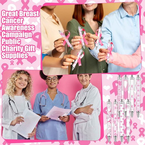 Demonwer 120 Pcs Breast Cancer Awareness Pens Bulk Pink Ribbon Black Ink Ballpoint Breast Cancer Awareness Party Favors for Women Nurse Public Events Gift Office Supplies