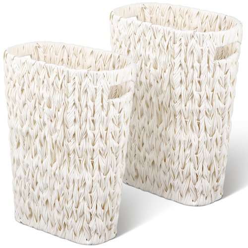 LOYIM 2 Pcs Wicker Trash Can 5 Gallon Waste Basket Bathroom Garbage Can White Narrow Waterproof Wicker Trash Basket for Bedroom Office Bathroom