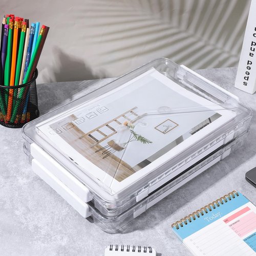 mekueeex 4 Packs File Box Clear Portable Project Case with Handle Plastic Stackable Paper Storage Box Document Magazines File Boxes Holder for A4 Letter File Scrapbook Storage Photo Protector Case