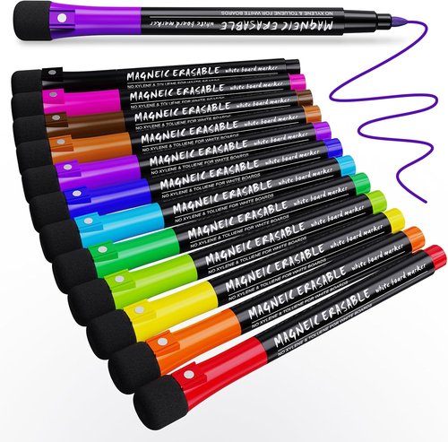 Magnetic Dry Erase Markers - Fine Point 12 Count Set | Colorful Low Odor Markers with Eraser Cap for Office & School