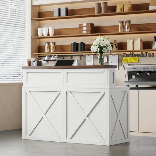 Velacori White Reception Desk with Open Storage Shelf for Office Reception Room, 47-Inch Large Retail Counter Farmhouse Wood Checkout Counter Table for Store Lobby Beauty Salon, White Bronw