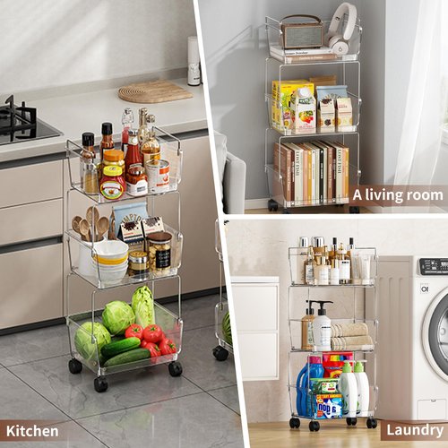 TrendyBin 3-Tier Rolling Cart with Wheels, Clear Bathroom Storage Cart with Lockable Wheels, PET Utility Cart for Kitchen, Bedroom, Office,Snack, Makeup - Multifunctional Storage Easy to Assemble