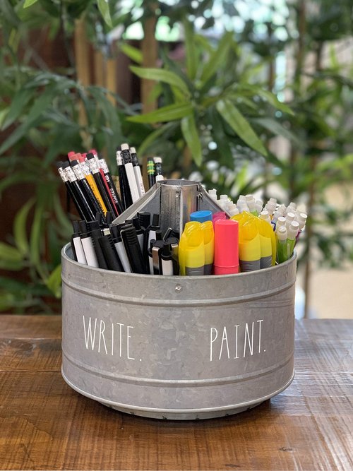 Rae Dunn Rotating Decorative Organizer – Galvanized Steel Desktop Stationary Spinner Holder - 6 Compartment Round Pen and Pencil Cup - Office, Home and Art Supplies - Rae Dunn by Designstyles
