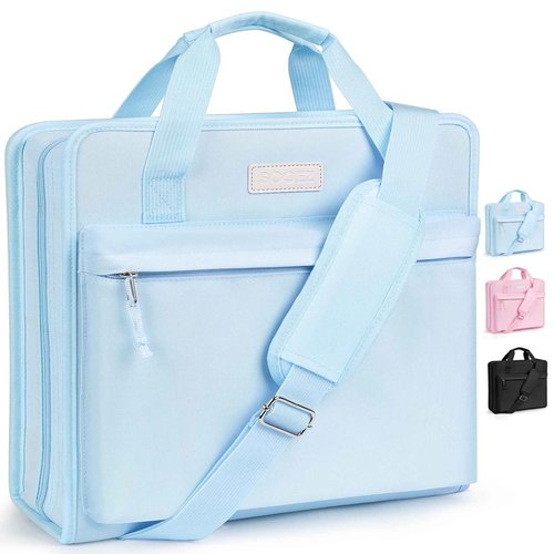 Sooez Zipper Binder 3 Ring, 3 Inch D-Ring, 700-Sheet Capacity, School Binder with Shoulder Strap & Handle, 5-Tab Expanding File Folder, Multi-Pocket Organizer for School Office Supplies, Light Blue