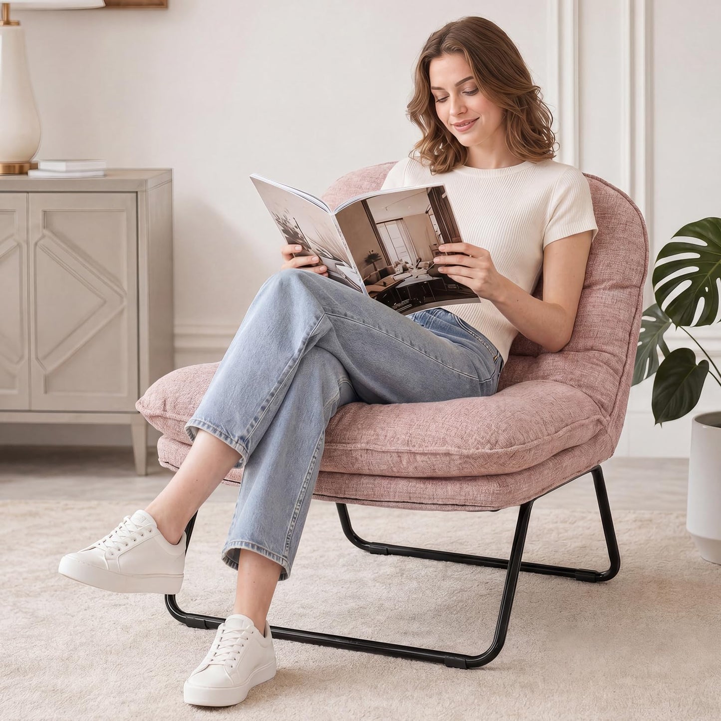 DUMOS Comfy Saucer Chair,PU Leather Foldable Chairs for Bedroom, Dorm & Gaming, Fashion Floor Chair with Back Support for Small Spaces,White