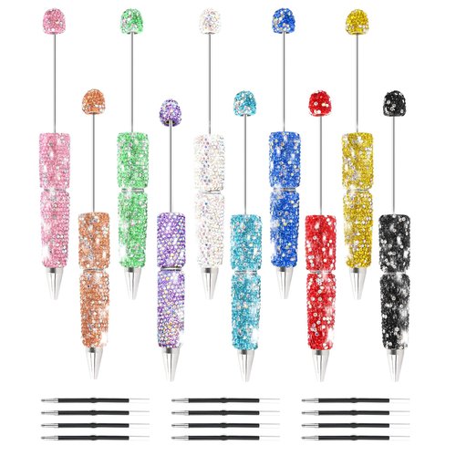 Liplustoyi 10Pcs Glitter Beadable Pen Full Rhinestone Fancy Pens for Beads Cute Journalling Diamond Pens for Women Fun Bling Ballpoint Pens Tween Girls Gifts Trendy Stuff (Multicolor)