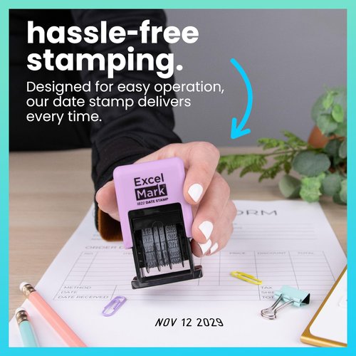 ExcelMark 1822 Date Stamp – Perfect for Shipping, Receiving, Expiration and Due Dates (Black Ink, Violet Mount)