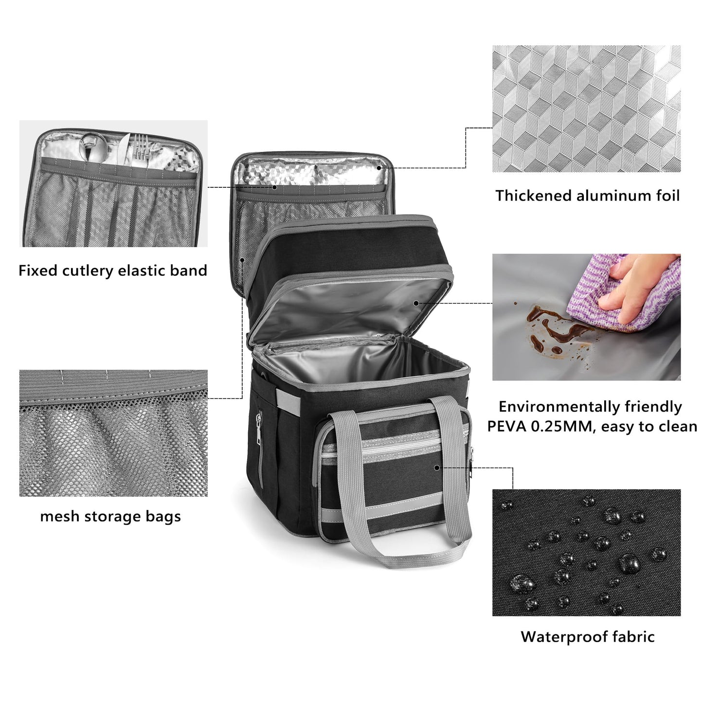 EXLIFBAG Lunch Box for Women, Insulated Double Deck Lunch Bag for Adults, Leakproof Cooler Lunchbox for Men with Adjustable Shoulder Strap, Black