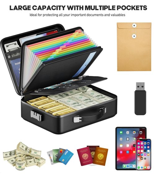 BigPonPon Fireproof Document Box, Hard Case Highly Flame-Resistant Fire Proof Waterproof File Organizer with Lock, Portable Fire Safe for Important Documents & Valuables Storage (Black, ‎15"*11"*5")