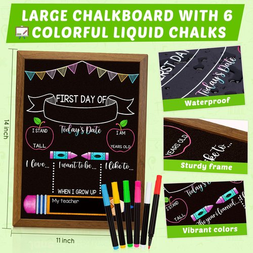 Double-Sided First Day and Last Day of School Board Sign with 6 Colorful Markers,14x12 Inch Reusable Chalkboard, First & Last Day Photo Prop for Kindergarten Preschool Elementary Kids