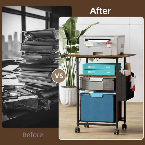 Rolling File Cabinet with Extended Desktop,2 Drawer Small File Cabinet for Home Office,Under Desk Storage with Side Bag,Filing Cabinet Cart File Folder Organizer with Wheels,Printer Stand Storage Cart