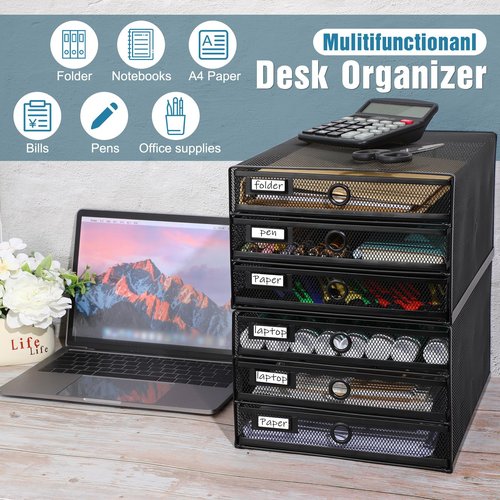 Zhanmai 2 Pcs Desk Organizer with Drawer Total 6 Tiers, Wire Mesh Organizers Tray Multifunctional Paper Sorter File Stand for Home Office Supplies Storage Letter A4 Paper Office Accessories(Black)