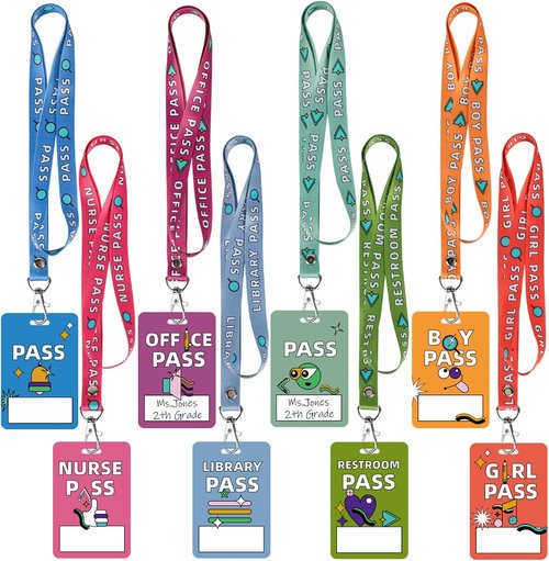 Skiennix 8 Pcs Writeable Hall Passes - Unbreakable PVC Lanyards for Classrooms & Offices