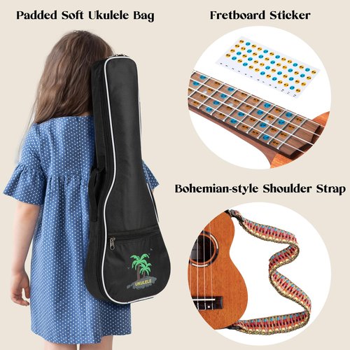 CAHAYA Concert Ukulele 23 Inch Ukulele Kit Beginner Starter with Carrying Bag, Shoulder Strap, Fretboard Stickers, for Both Adults and Kids in Mahogany CY0336
