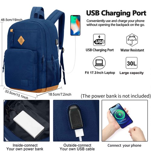 KEOFID Classic Travel backpack for Men and Women, Anti Theft Laptop Backpack with USB Charging Port for Work, Large Bag for College, Water Resistent(Blue 19inches)
