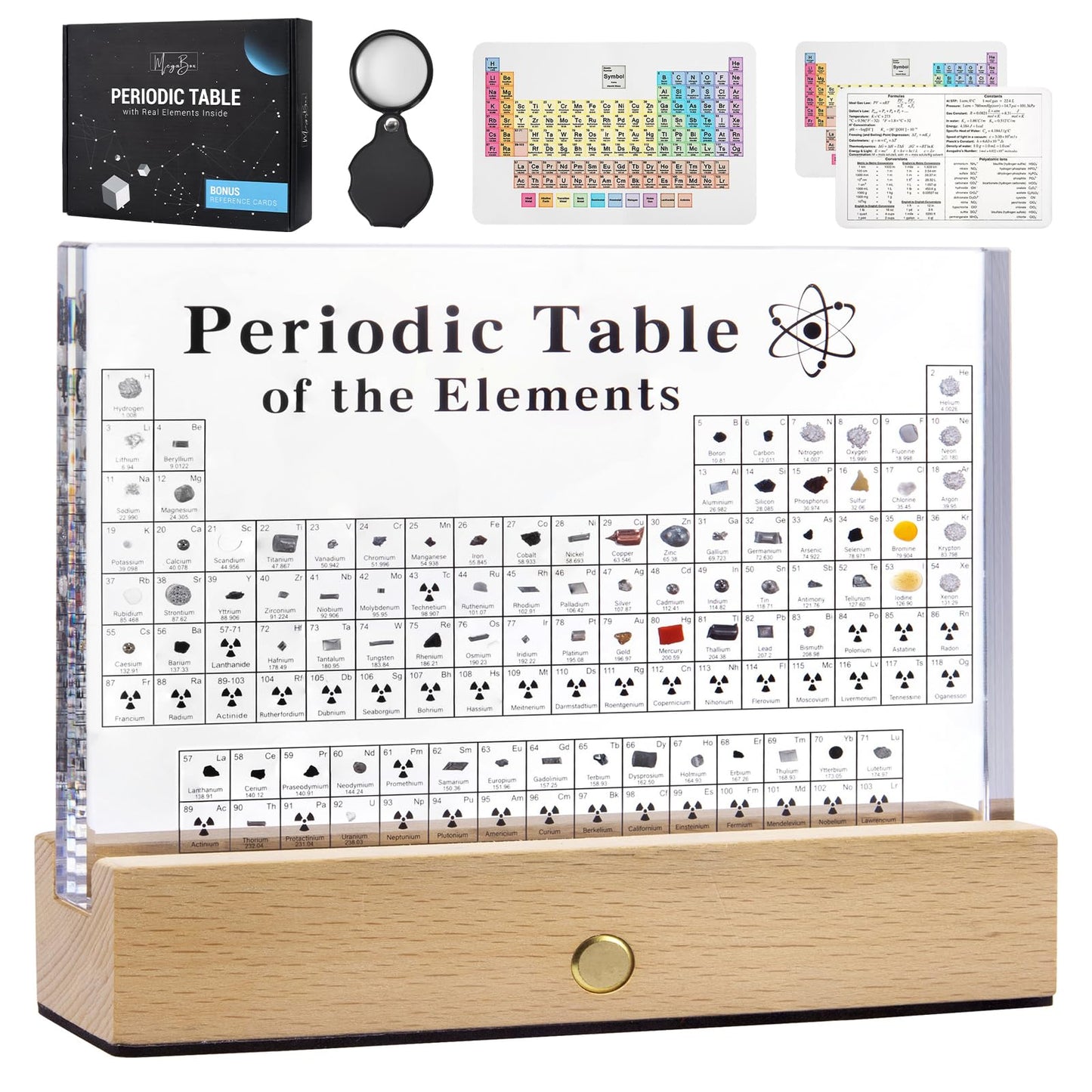 MegaBox Large Periodic Table Of Elements with 83 Real Elements, Acrylic Periodic Table Display With Wooden Stand, 6x Chemistry Formula Reference Cards, Science Teacher Gift Classroom (Large (8.0 x 6.5 in))