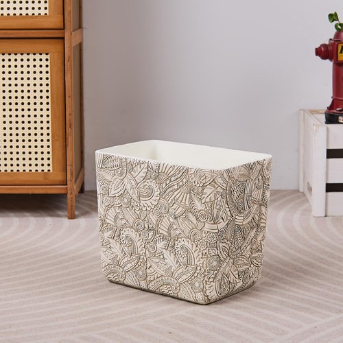 Rustic White Tropical Leaves Carved Small Bathroom Trash Can 2.5 Gallon(9 Liter), Resin Heavy Sturdy Kitchen Garbage Can,Living Room Bedroom Trash Can, Decorative Wastebasket for Home, Garden, Office