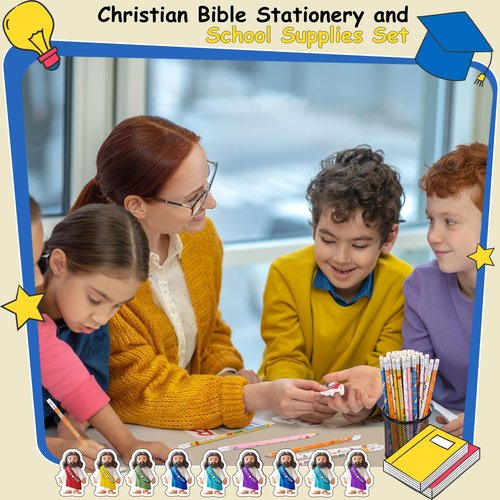 Yexiya 96 Pack Christian Bible Stationery and School Supplies Set Christian Church Gifts Bible Verses Pencils Religious Jesus Erases for Church Sunday School Gift Classroom Reward