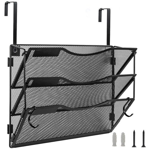 BOHDK Wall File Organizer 3 Pockets, Mail Organizer, Hanging Folder Holder, Foldable | Hanging or Wall Mounted | Label Panel | 2 Hooks | Office Home School Organizer, Black