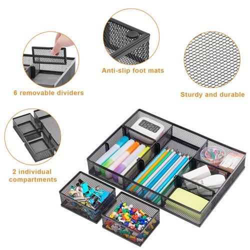 Marbrasse 3 Packs Desk Drawer Organizers, Metal Mesh Dividers Desk Drawer Organizer Tray with 9 Adjustable Compartments, Pen Organizer for Drawer Tray Box Accessories for Desktop,Kitchen, Makeup