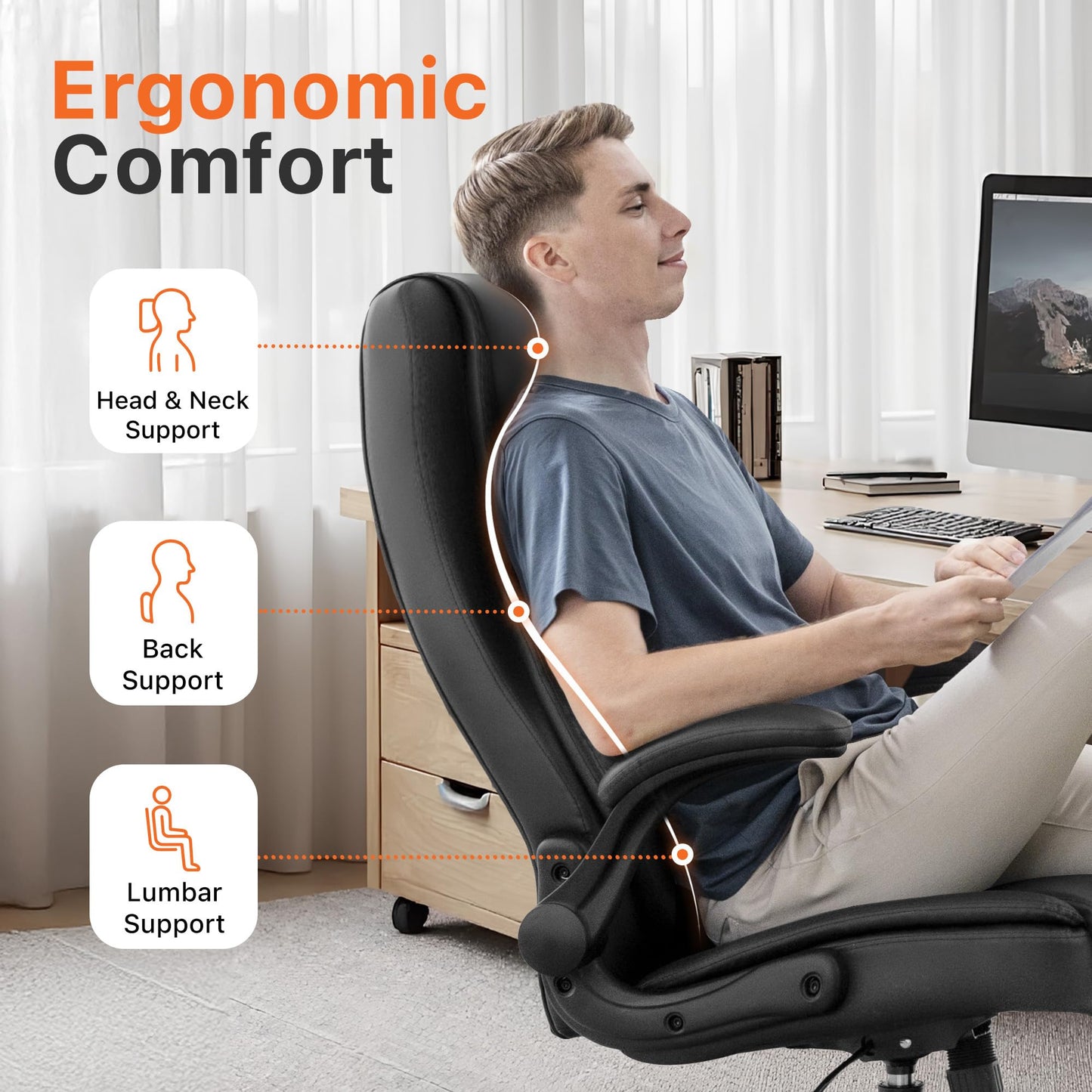 NEO Chair Ergonomic Office Chair PU Leather Executive Chair Padded Flip Up Armrest Computer Chair Adjustable Height High Back Lumbar Support Wheels Swivel for Gaming Desk Chair