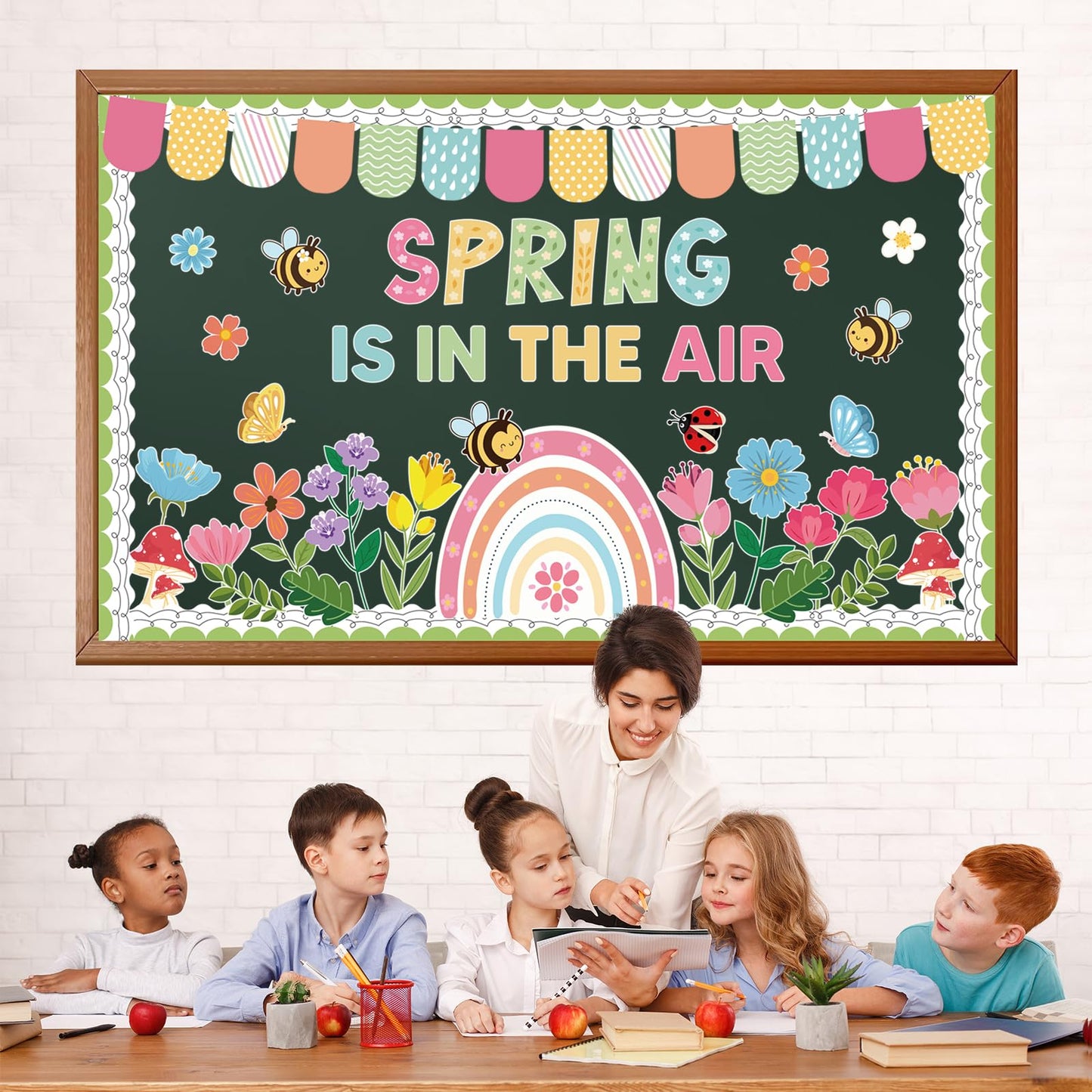 Spring Flower Bulletin Board Set Floral Classroom Bulletin Board Decoration with Rainbow Flowers Bee Paper Cutouts Spring in the Air Themed Classroom Wall Decor for School Chalkboard Teacher Supplies