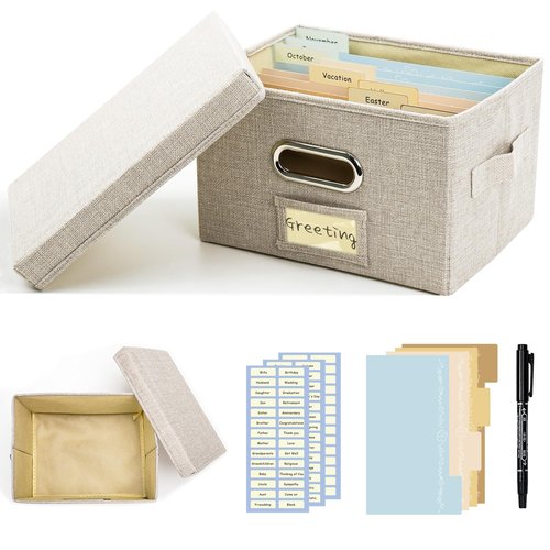Remowith Greeting Card Organizer and Storage Box with 20 Pcs Adjustable Dividers, Storing Cards with 84 Pcs Labels Perfect for Storing Greeting Cards, Envelopes, Photos 1 Pack Beige