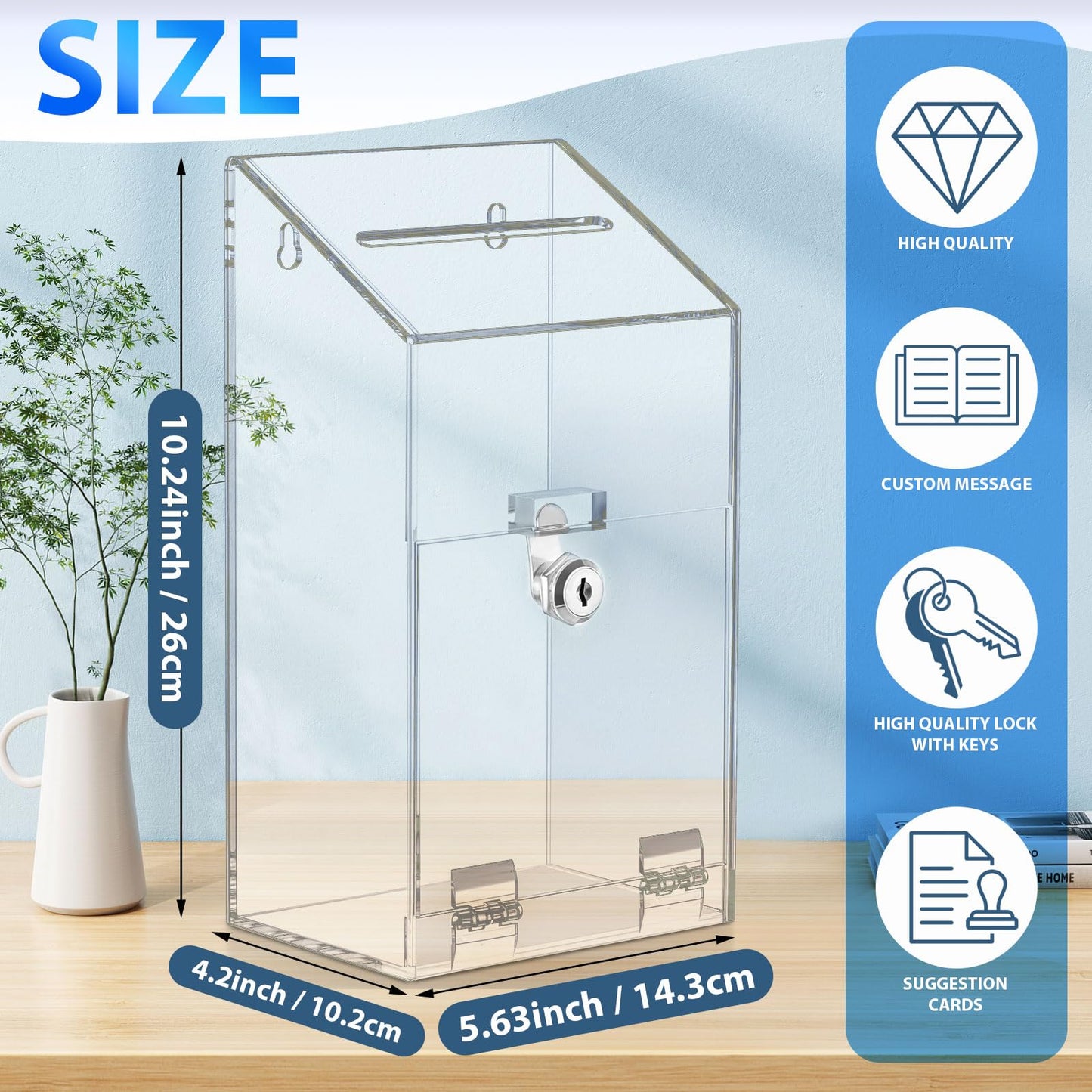 Juexica Large Clear Acrylic Donation Box with Lock and Slot, Wall Mountable Suggestion Ballot Box, Raffle Ticket Boxes for Office, School, Church, Voting & Fundraising, 10.24'' x 5.63'' x 4.02''