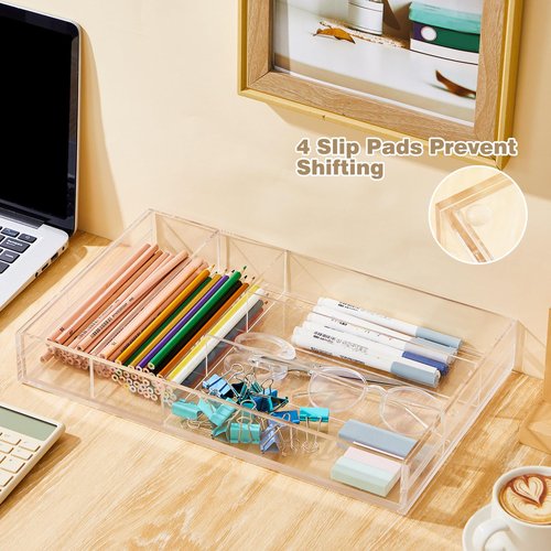 Briwooody Acrylic Drawer Organizer Maximum 15 x 18 x 2 Inch Expandable Drawer Organizer Pens Notebook Ruler Makeup Tray with 7 Adjustable Compartments for Desk Office Kitchen Bathroom(Clear)