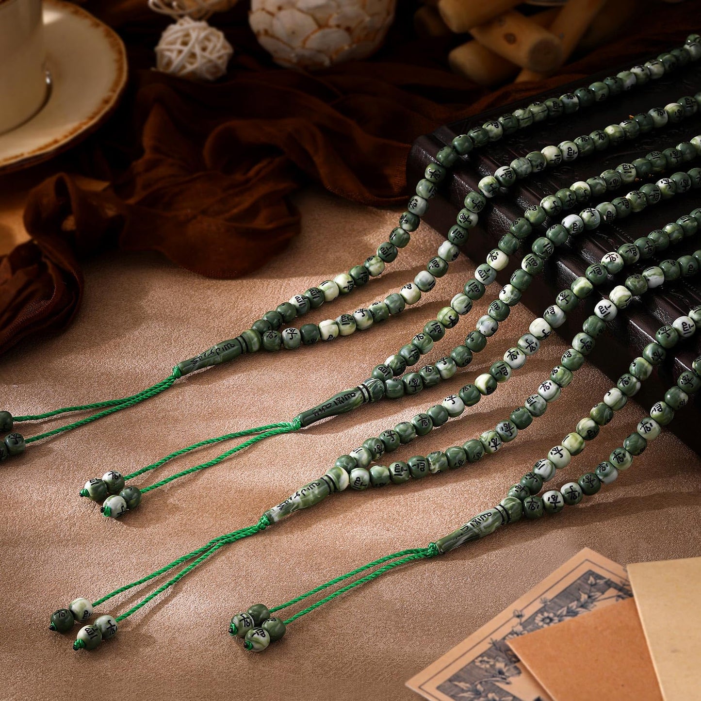 Ferreve 12 Sets Muslim Tasbih 99 Rosary Prayer Beads 8mm Islam with Allah Names Engraved for Muslim Gift, Islamic Ceremony Religious Gift for Men and Women(Green)