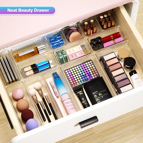 25 PCS Clear Plastic Drawer Organizer Set - 4 Sizes Makeup Organizer Desk Drawer Divider Bathroom Organizers and Storage Bins for Makeup, Jewelry, Gadgets, Office, Kitchen, Bedroom, Bathroom